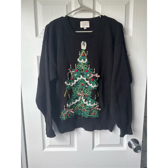 Vintage Christmas Sweater Handmade Embroidered Ramie Tree Embellished - Picture 1 of 8